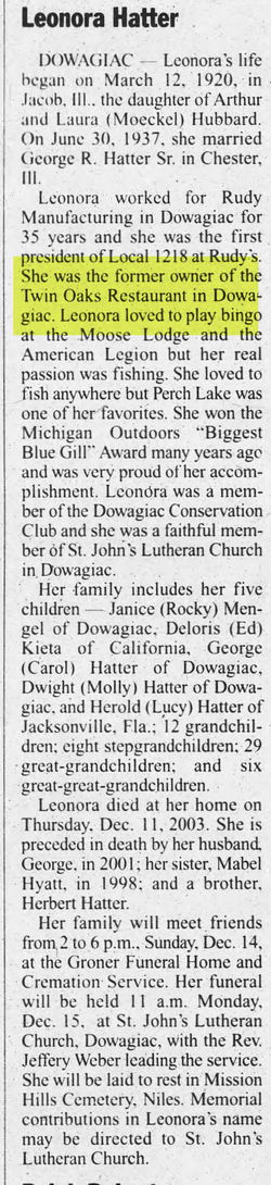 Twin Oaks Drive-In - Dec 13 2003 Leonora Hatter Obituary (newer photo)